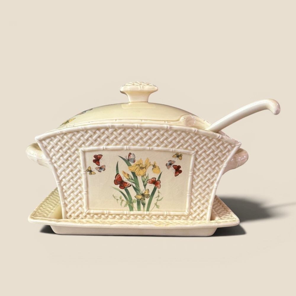 Vtg 70s Enesco Butterfly Garden Trellis Soup Tureen Ladle & Tray Set 1978 Japan